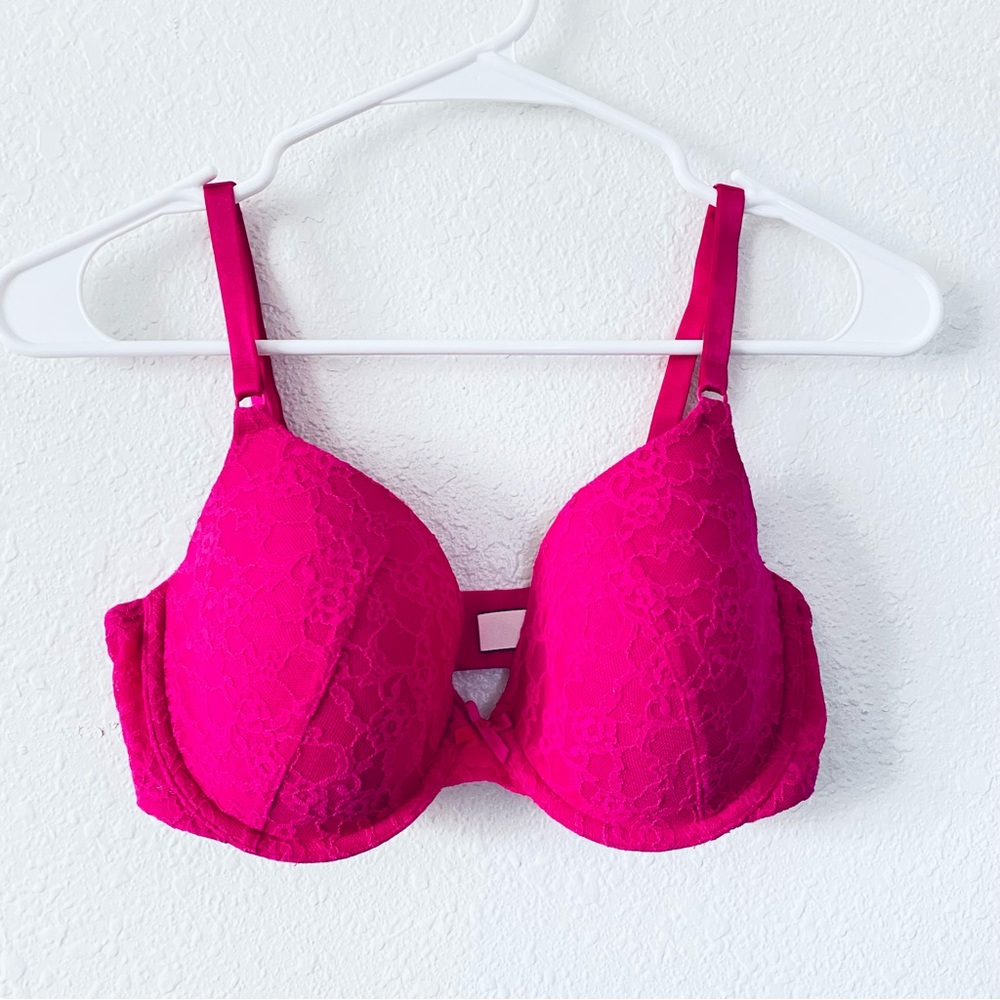 🍓 Victoria’s Secret Lined Perfect Coverage Fuchsia Lace Underwire Bra 34D